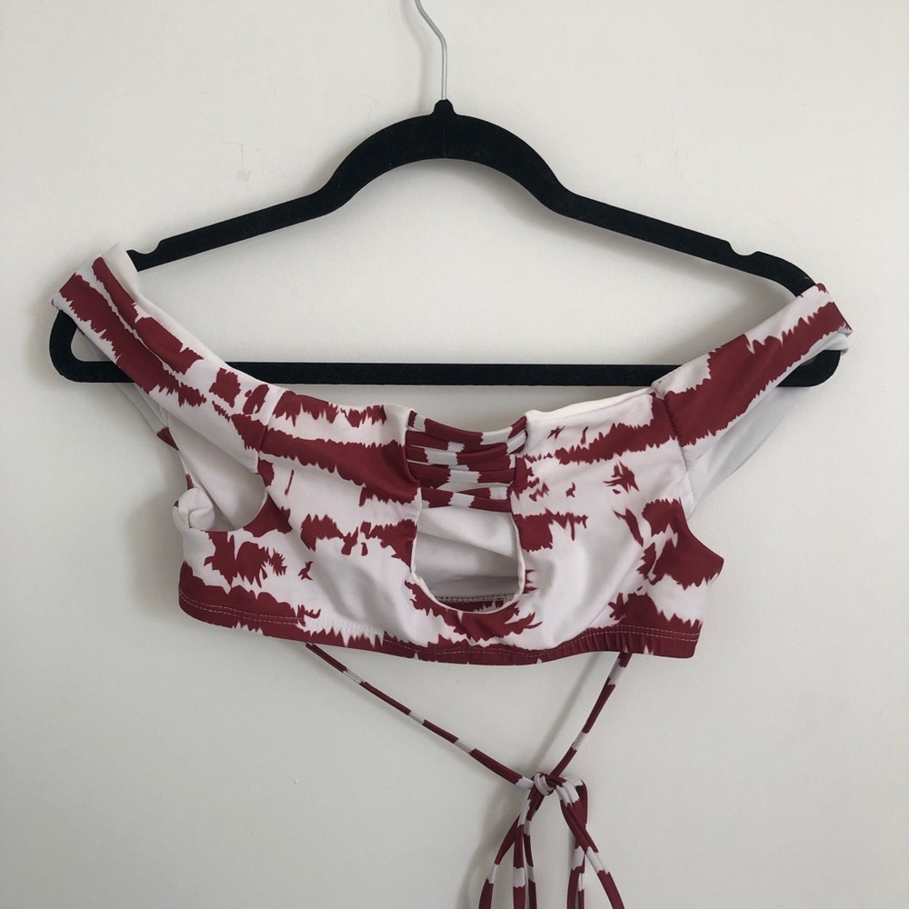 Red and white crossbody bikini top